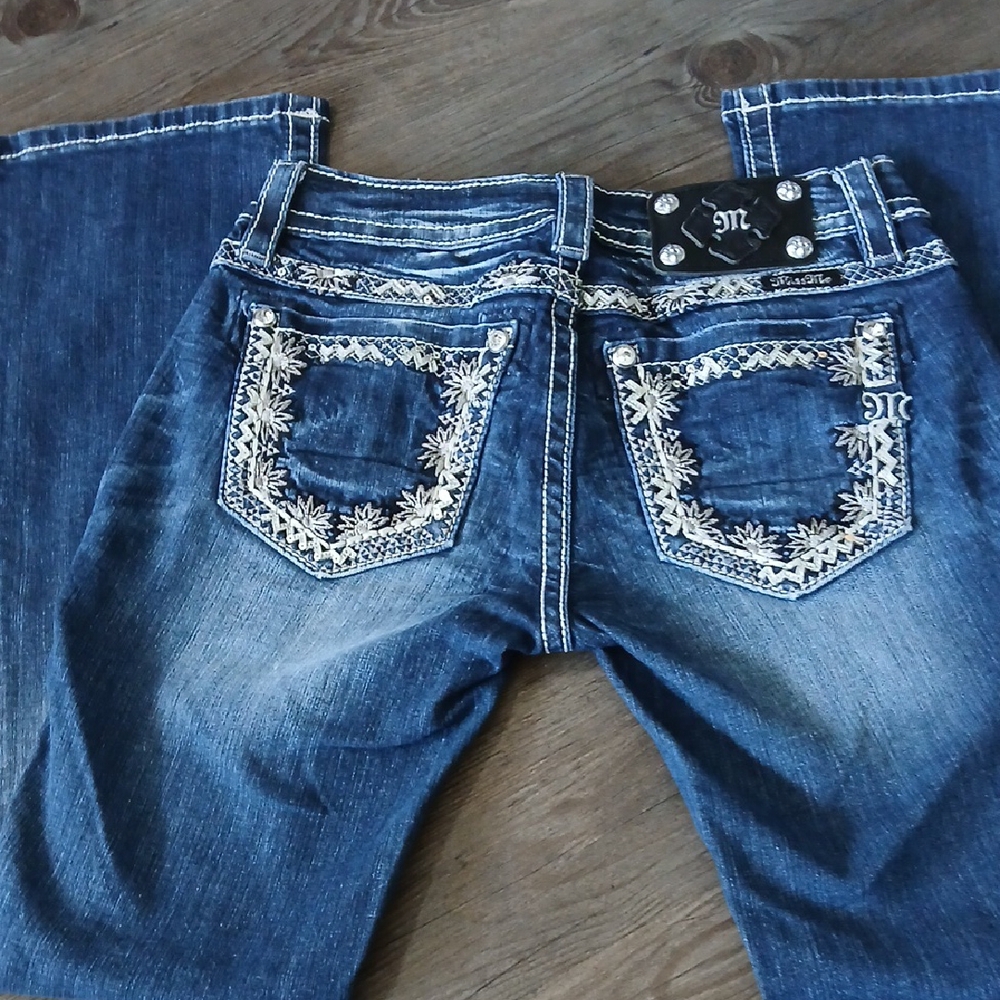 Miss Me Blue Boot Cut Jeans with White Embroidery